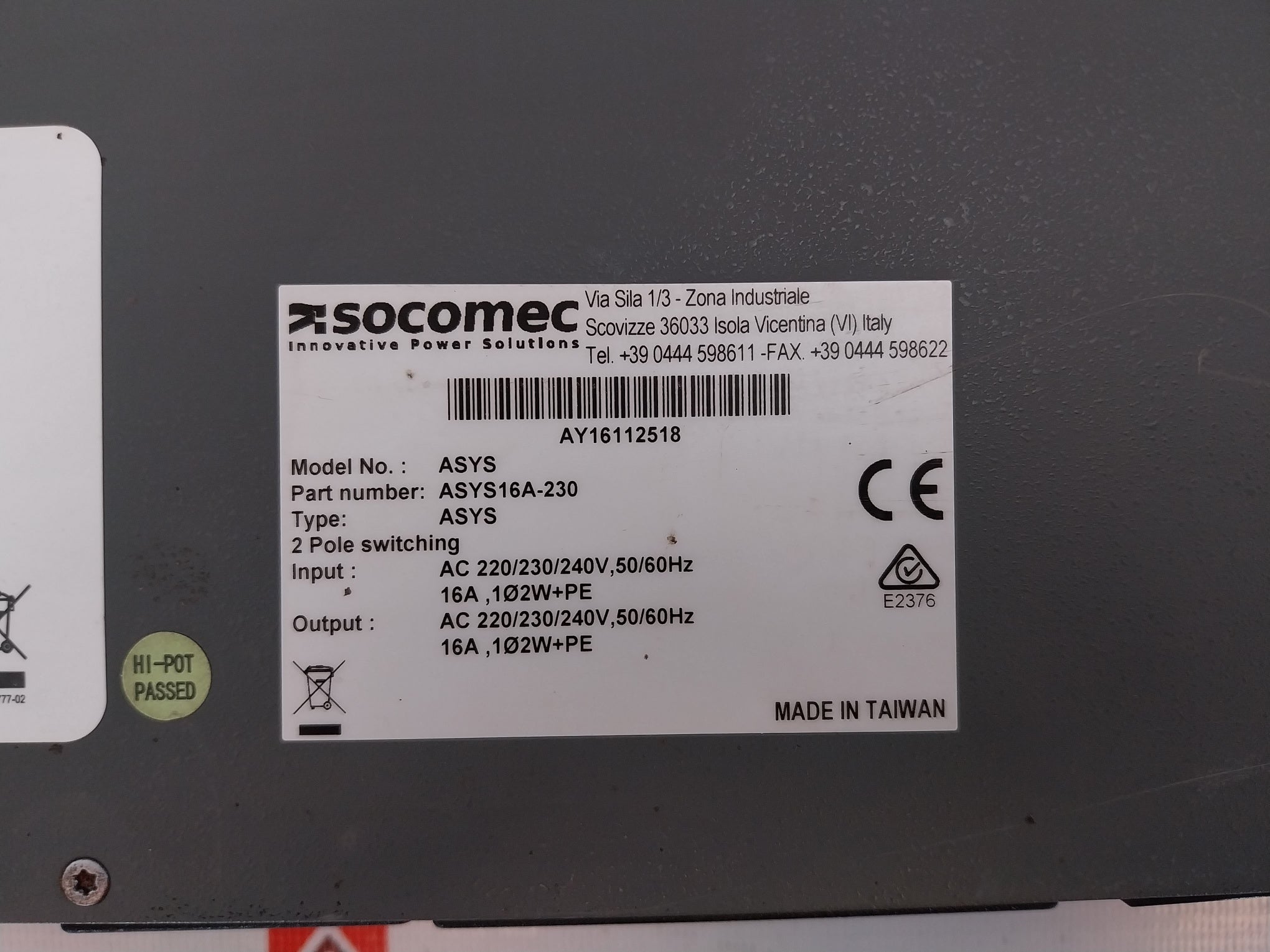 Socomec Asys16A-230 2 Pole Switching Automatic Transfer System