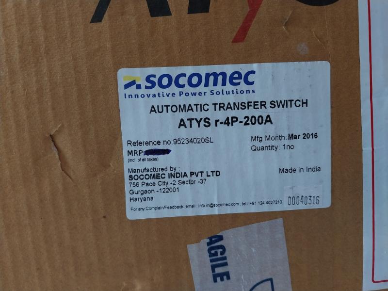 Socomec Atys R-4P-200A Motorised Changeover Switch 95234020Sl 2A/24V