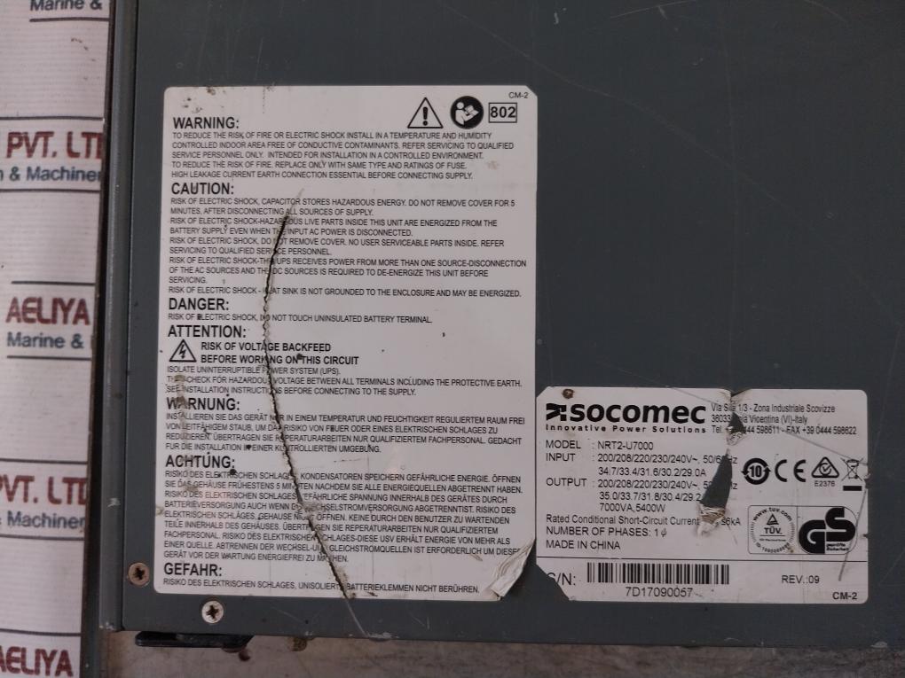 Socomec NRT2-U7000 Output 5400W Single Phase Power Solution Rev: 09