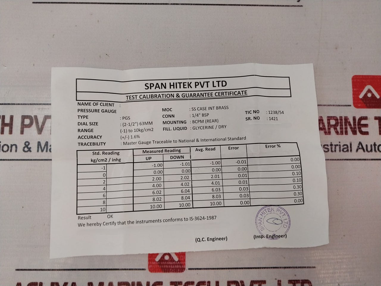 Span Hitek Pgs -15 To 150 Psi Pressure Gauge 1/4” Bsp