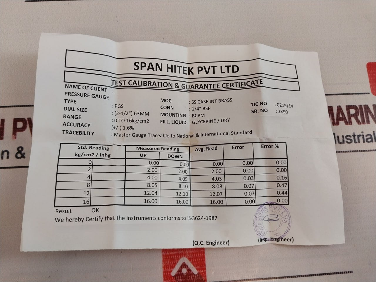 Span Hitek Pgs Pressure Gauge 0-230 Psi 0 To 16 Bar Kg/Cm2
