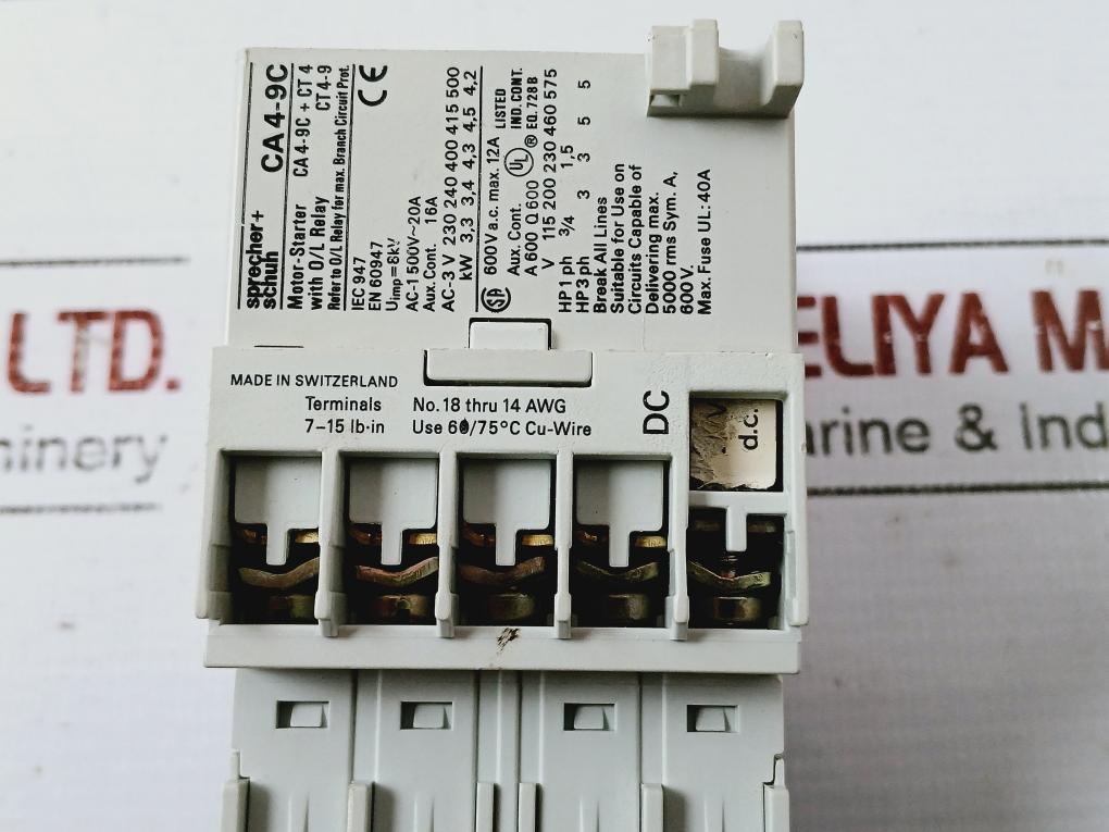 Sprecher+Schuh Ca 4-9C Motor Starter With O/L Relay 20A 600Vac Uimp 8Kv