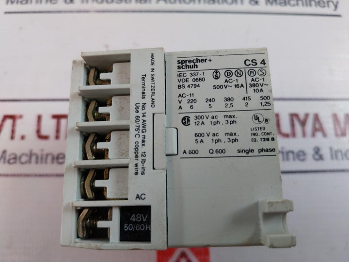 Sprecher+Schuh Cs 4-31Z Auxiliary Control Relay 12 Lb-ins 48V 50/60Hz