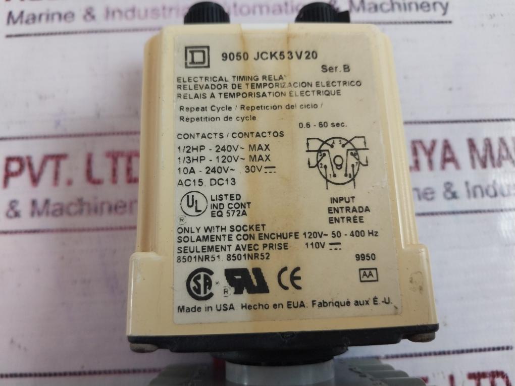 Square D 9050 Jck53V20 Electrical Timing Relay W/ Base 0.6-60 Sec Ser B