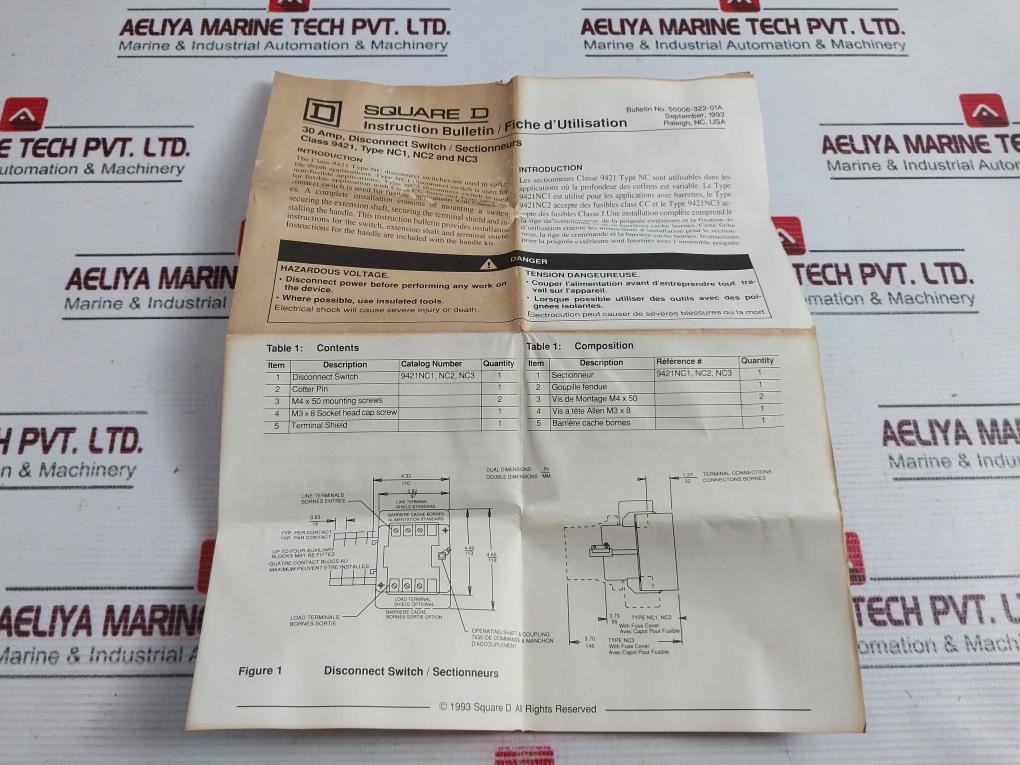 Square D 9421-nc3-30amp 3 Pole Disconnect Switch 600vac-250vdc