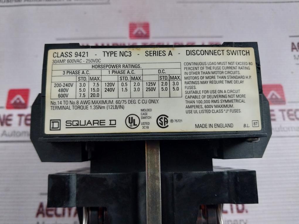 Square D 9421-nc3-30amp 3 Pole Disconnect Switch 600vac-250vdc