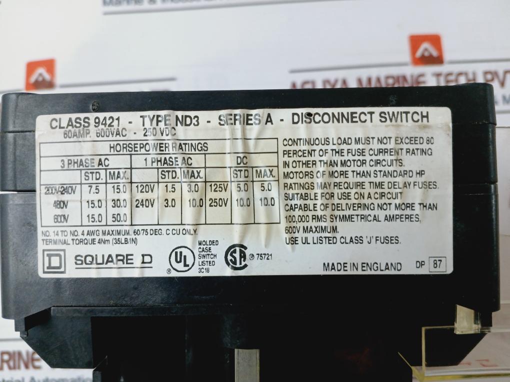 Square D Nd3 Disconnect Switch 60Amp 600Vac-250Vdc