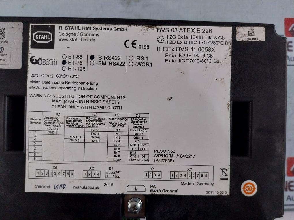 Stahl Et-75-b-rs422 Hmi Operator Terminal 224554 Et-75-b-pack Rev. Hw 2.14