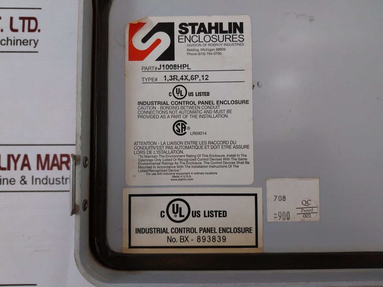 Stahlin J1008Hpl Fiberglass Enclosure Bx-893839 100-120Vac 6.0A 200-240Vac 3.5A