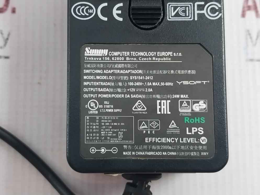 Sunny Sys1541-2412 Switching Dc Power Adapter 100-240V-, 1.0A Max, 50-60Hz