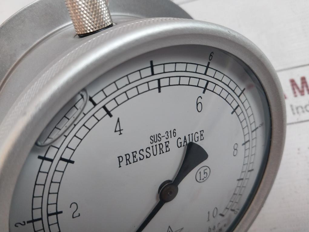 Sus-316 Pressure Gauge 0–10 Bar 1.5 Class Stainless Steel