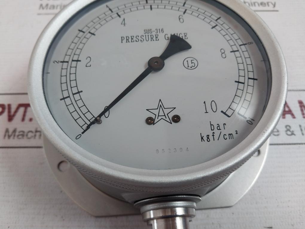 Sus-316 Pressure Gauge 0–10 Bar 1.5 Class Stainless Steel