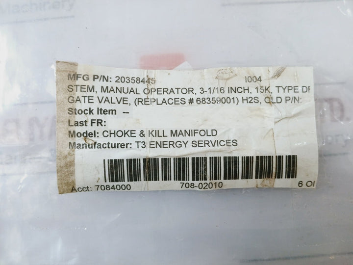 T3 Energy 20378610 Stem Gate Valve Manual Operator 20358445 3-1/16 Inch 15K