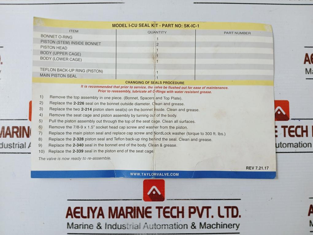 Taylor Valve Technology Sk-ic-1 Rupture Pin 3" Ic Rebuild Kit