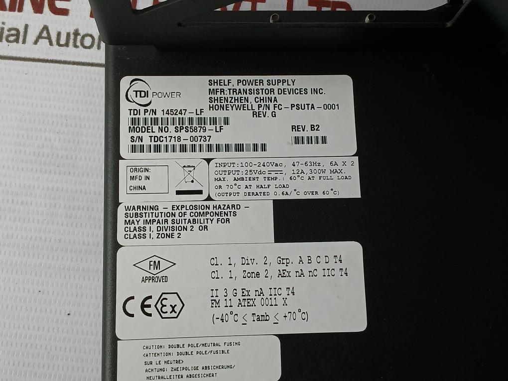 Tdi Sps5879-lf Power Supply Shelf Rev B2 145391-lf 145397-lf 100-240Vac 47-63Hz