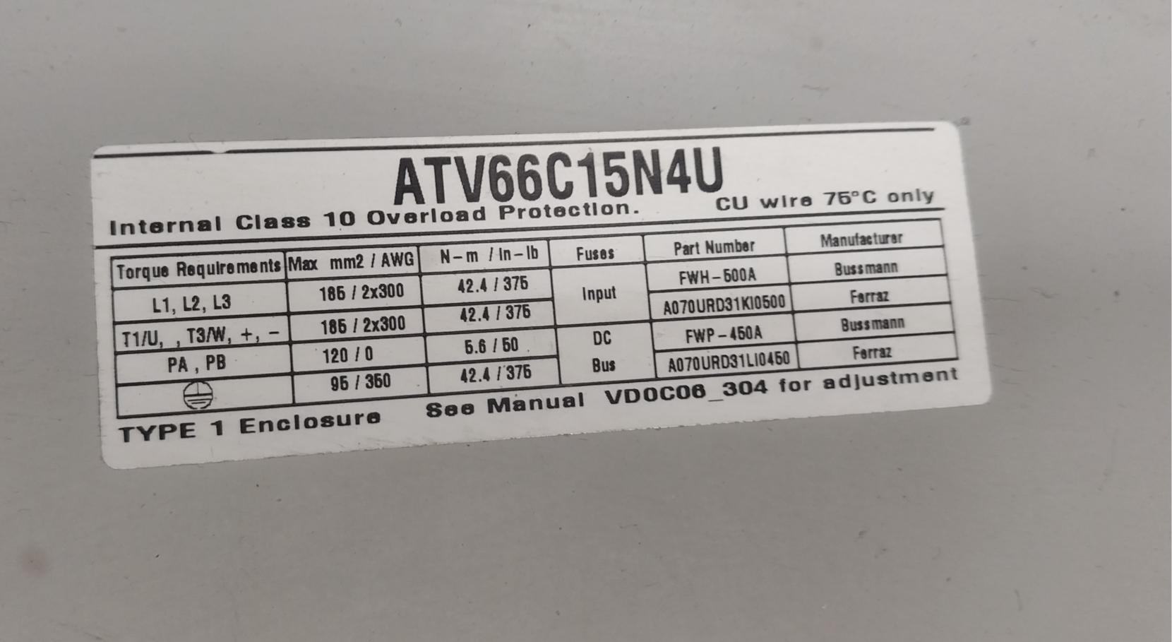 Telemecanique Atv66C15N4U Variable Speed Drive Fwh-500A