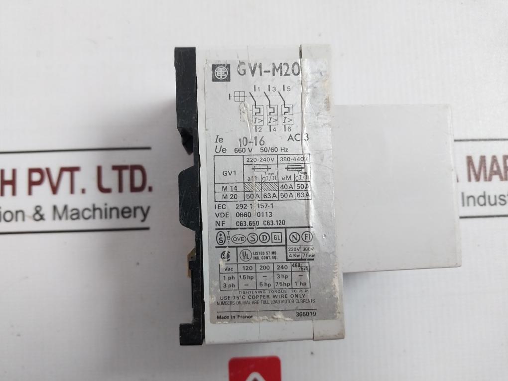 Telemecanique Gv1-m20 Din Rail Mount Circuit Breaker 660V 50/60Hz 75C