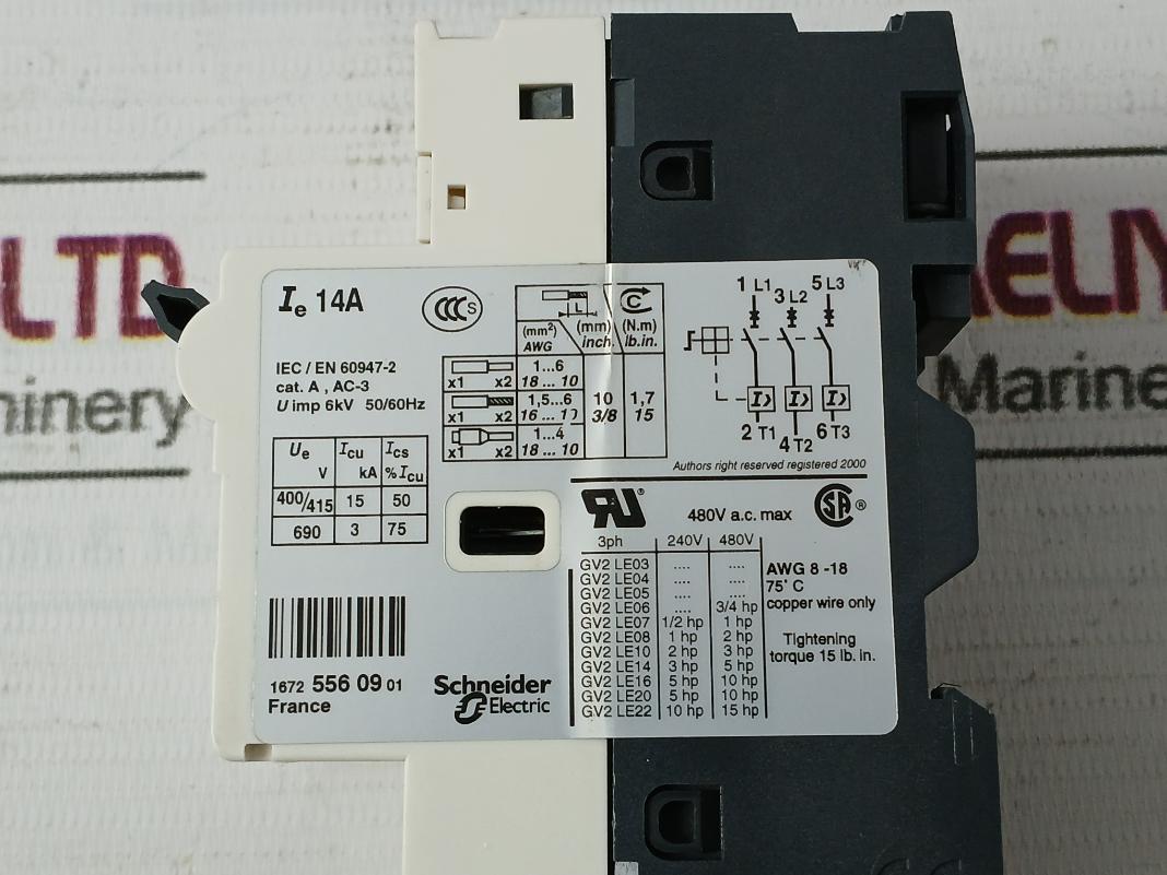 Telemecanique Gv2-le16 Motor Circuit Breaker 6Kv 50/60Hz 75C