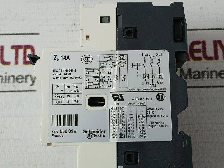 Telemecanique Gv2-le16 Motor Circuit Breaker 6Kv 50/60Hz 75C