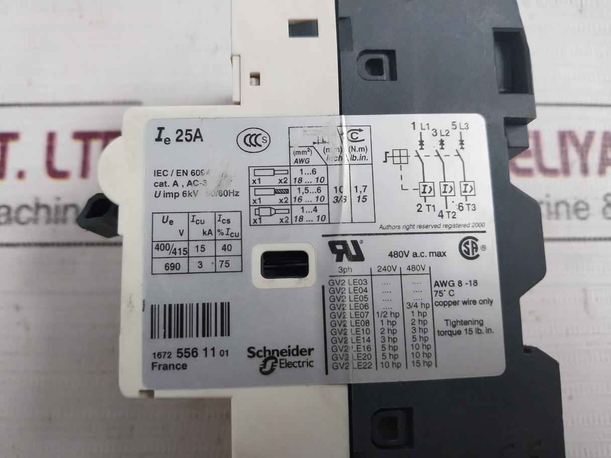 Telemecanique Gv2-le22 Motor Circuit Breaker 480Vac Max 6Kv 50/60Hz