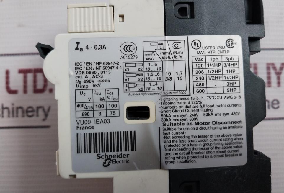 Telemecanique Gv2-rt10 Motor Circuit Breaker 50/60Hz 138A