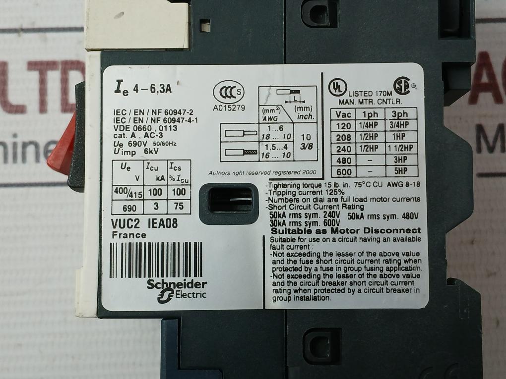Telemecanique Gv2Me103 Motor Circuit Breaker 50/60Hz Ie 4-6,3A