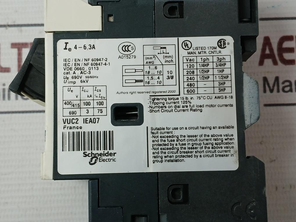 Telemecanique Gv2Me103 Motor Circuit Breaker 50/60Hz Ie 4-6,3A Uimp 6Kv