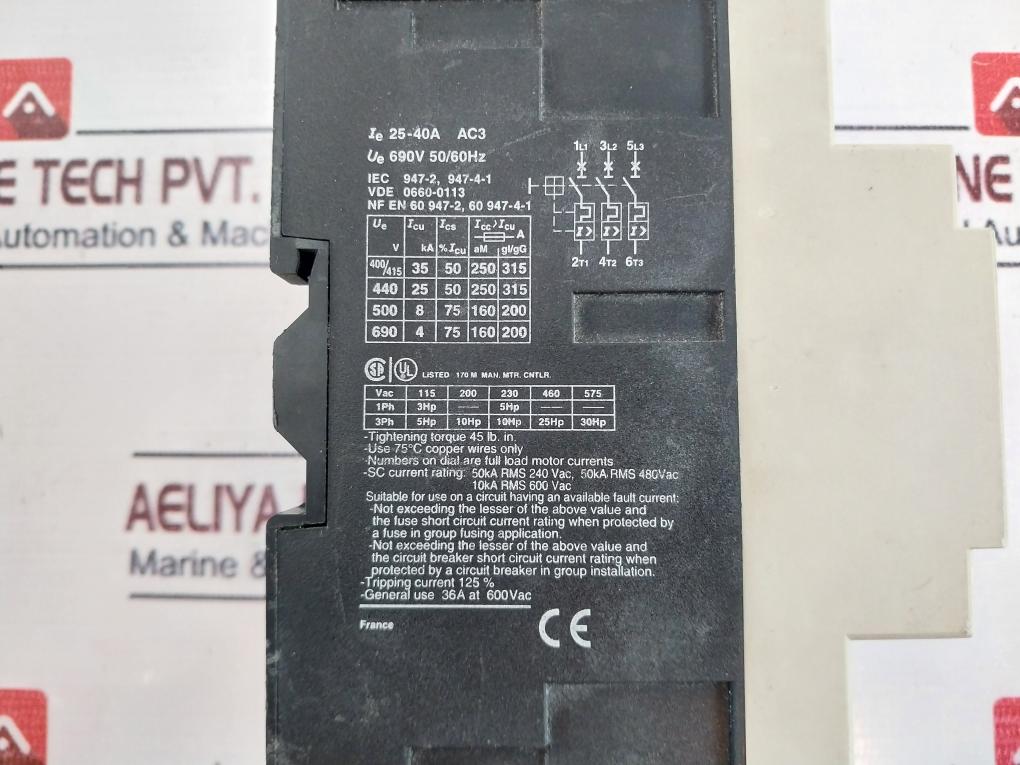 Telemecanique Gv3-m40 Motor Circuit Breaker 690V 50/60 Hz