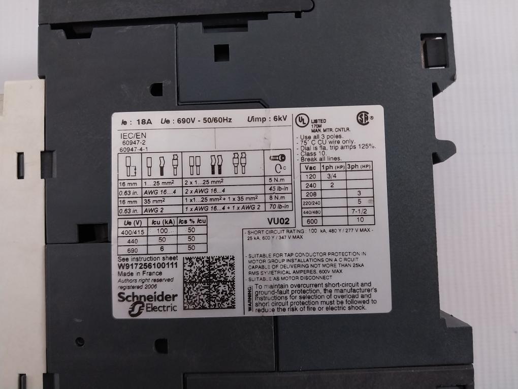 Telemecanique Gv3P18 3 Poles Motor Circuit Breaker 690V 50/60Hz