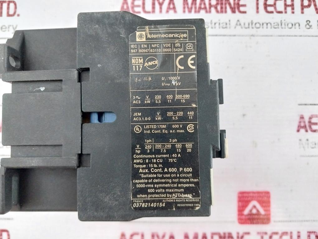 Telemecanique Lc1 D25 01 Contactor Iec 947 1000V 230V 50/60Hz 8Kv
