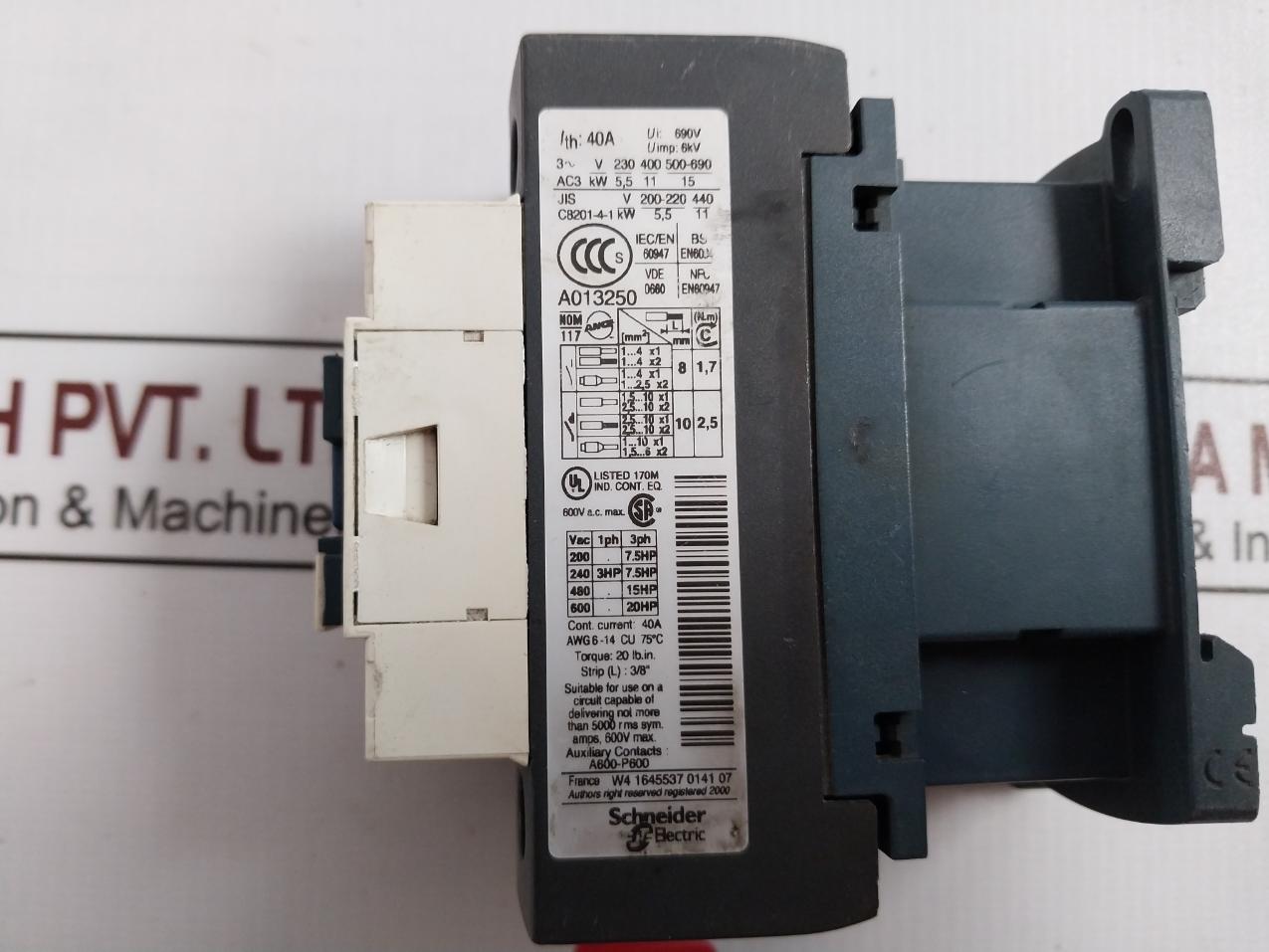 Telemecanique Lc1D25 Contactor Bs En60947 Vde 0660 A013250 A600-p600 50/60Hz
