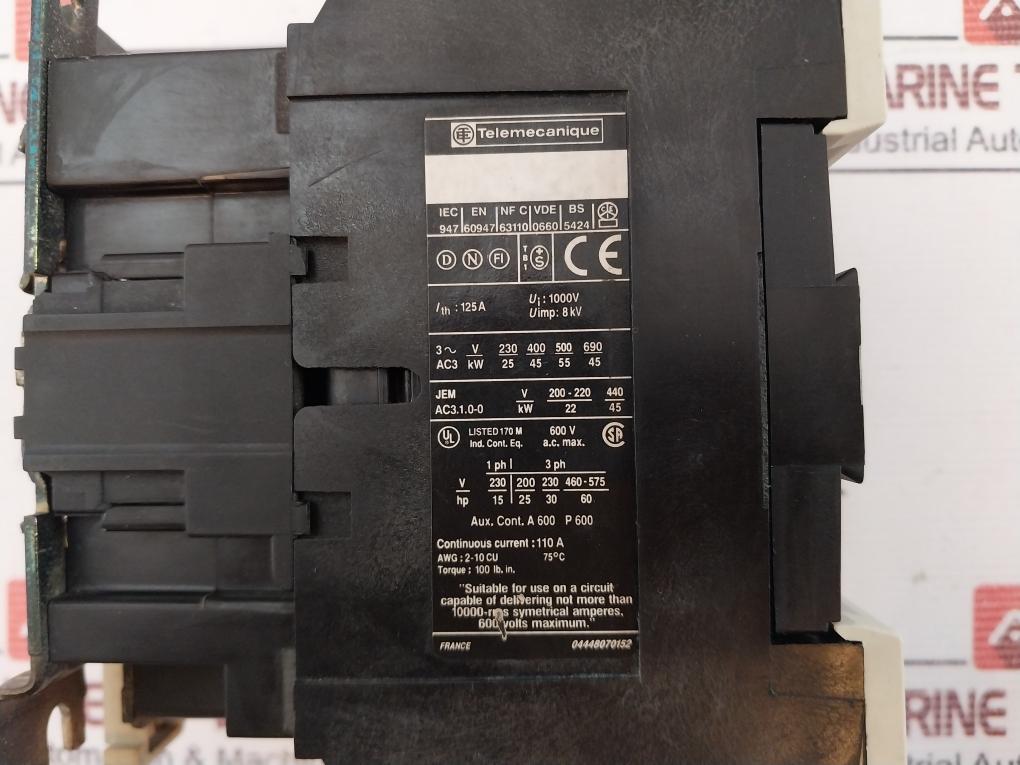 Telemecanique Lc1 D9511 Contactor 125A 600V 60Hz