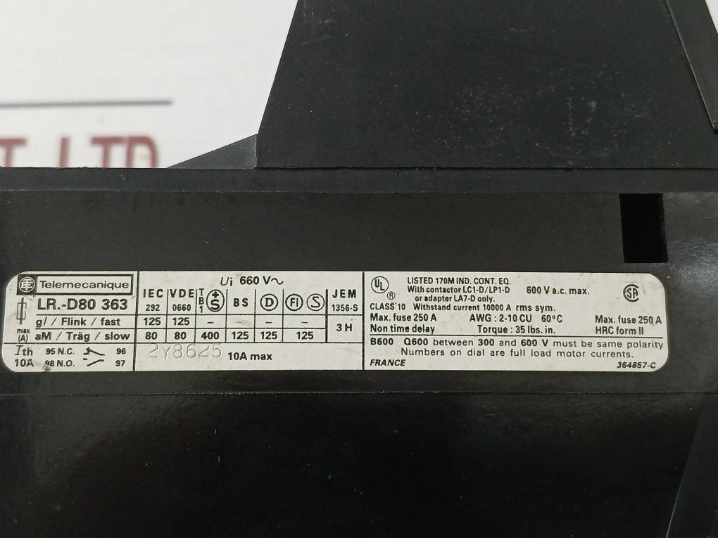 Telemecanique Lr1-d80363 Thermal Overload Relay 63-80A 10A B600 Q600 364857-c