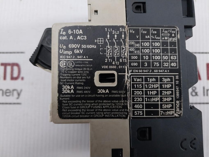 Telemecanique Motor Protection Circuit Breaker 20Lb.In Gv2-m14