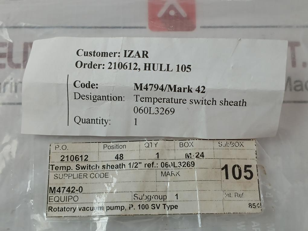 Temperature Switch Sheath For Rotary Vacuum Pump M4794