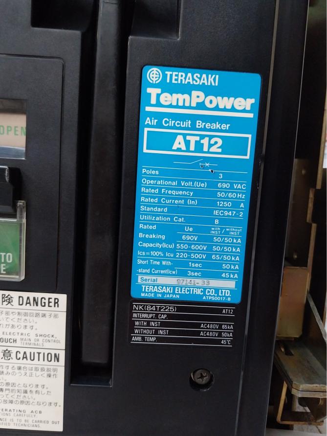Terasaki Electric At12 Tempower Air Circuit Breaker 1250A 3 Pole 690Vac 50/60Hz