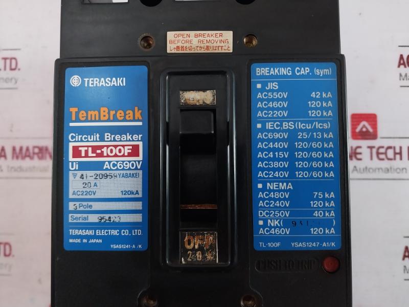 Terasaki Electric Tl-100F Tembreak 3 Pole Circuit Breaker Ac220V 120Ka 20A