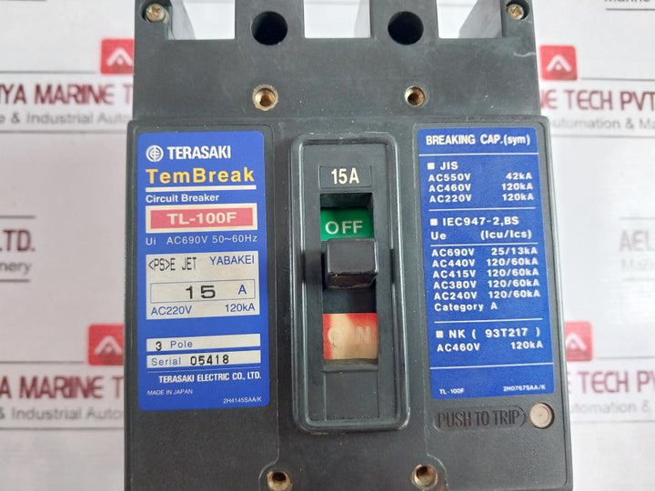 Terasaki Electric Tl-100F Tembreak 3 Pole Circuit Breaker 15A 220Vac 120Ka