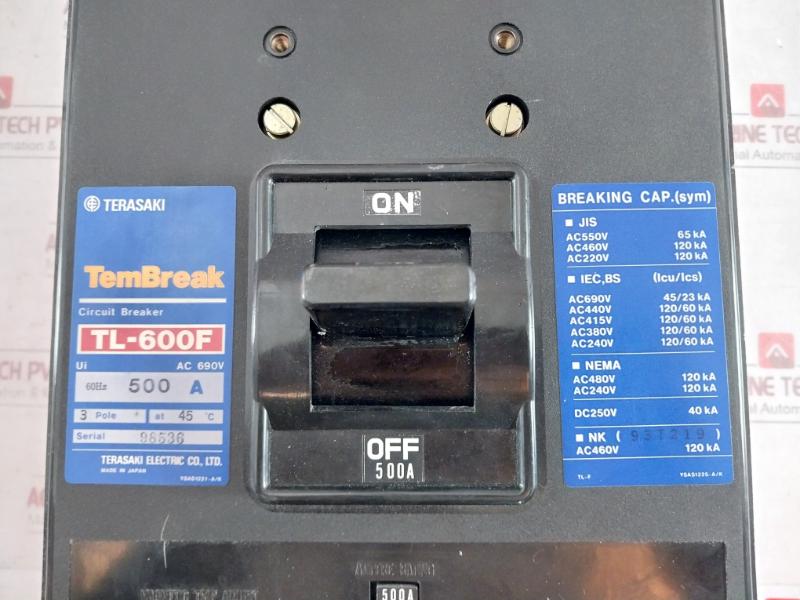 Terasaki Electric Tembreak Tl-600F 3 Pole Circuit Breaker Ac 690V 60Hz 500A
