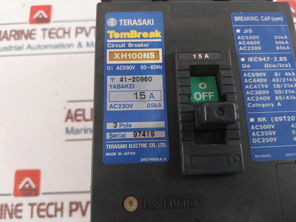 Terasaki Electric Xh100Ns Circuit Breaker 15A 3 Pole Ac 690V 50~60Hz