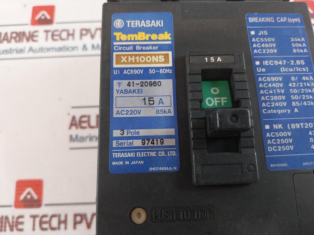 Terasaki Electric XH100NS Circuit Breaker 15A 3 Pole AC690V 50~60Hz