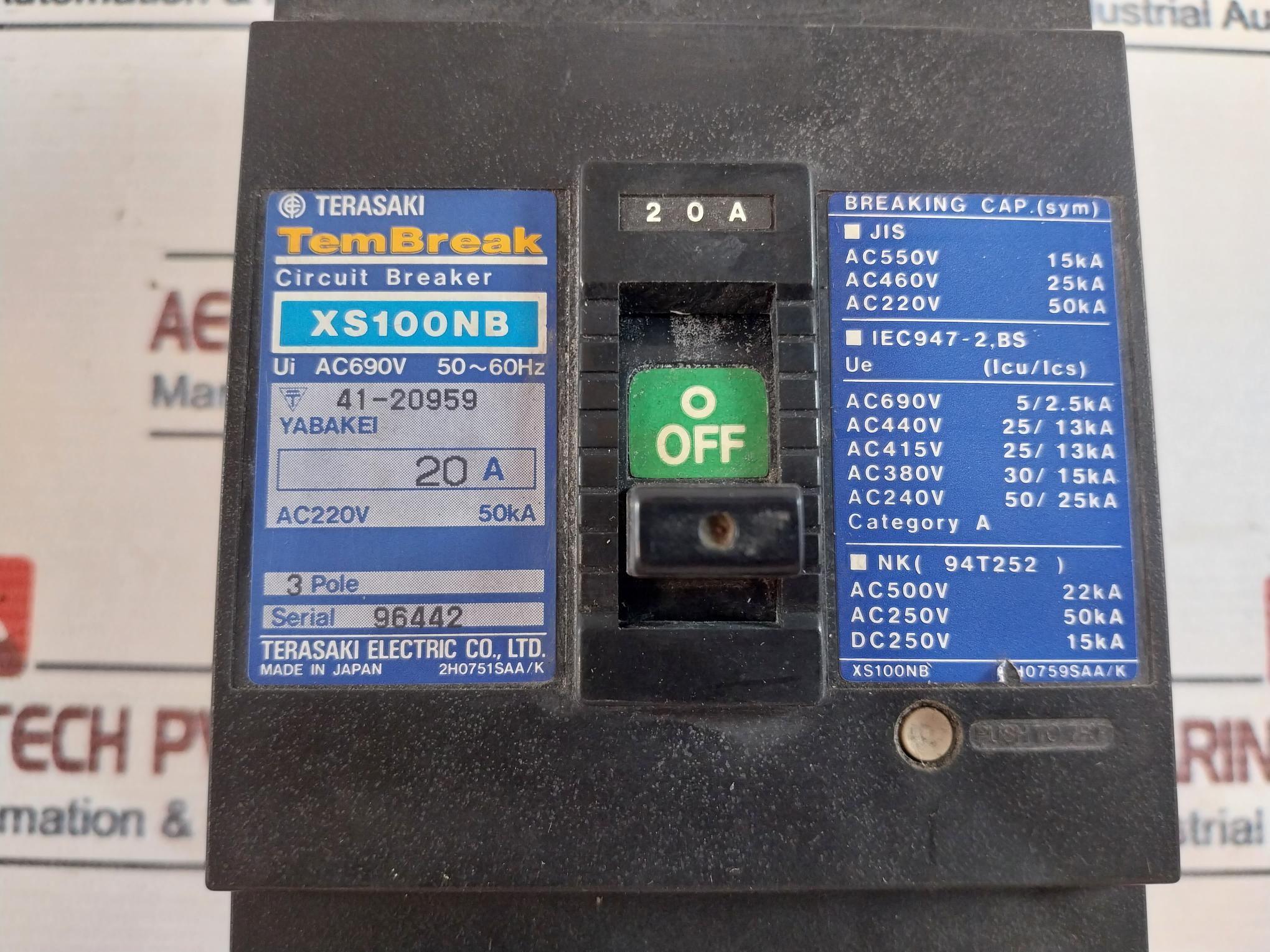 Terasaki Electric Xs100Nb 20A Circuit Breaker 3 Pole 41-20959