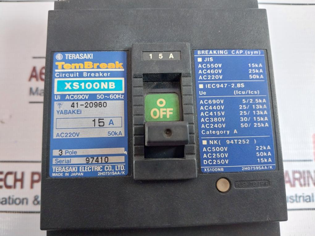 Terasaki Electric XS100NB 3 Pole Circuit Breaker 15A