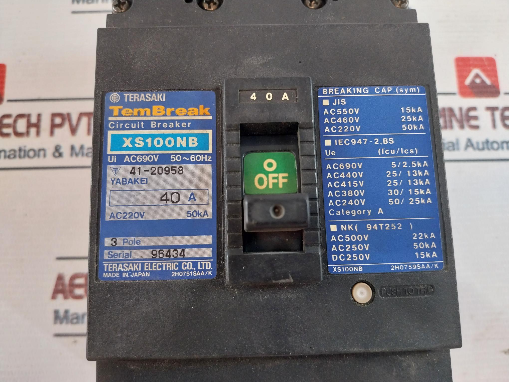 Terasaki Electric Xs100Nb Circuit Breaker 40A 41-20958