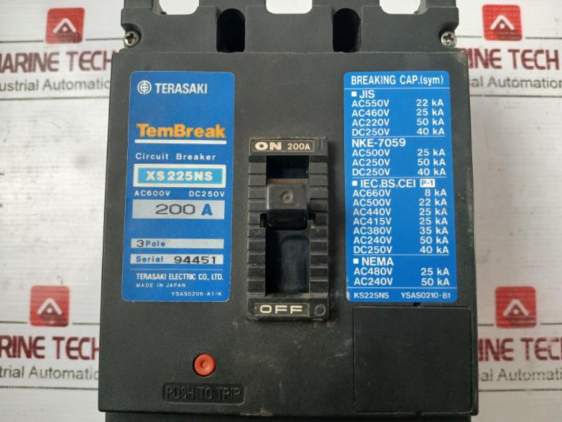Terasaki Electric Xs225Ns Tembreak Circuit Breaker 3 Pole Ac 600V Dc 250V 200A