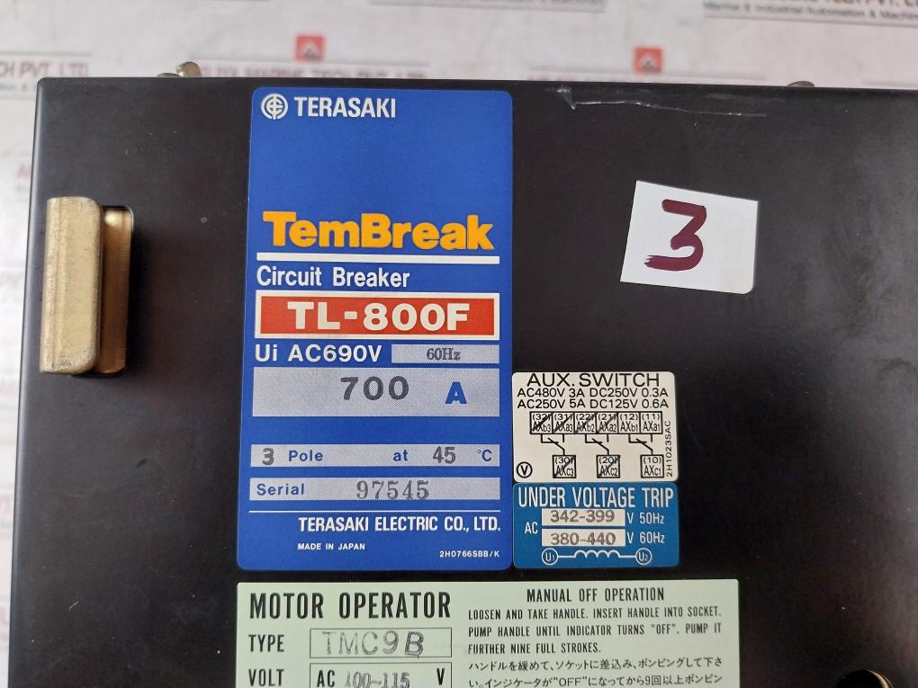 Terasaki Tembreak Tl-800F 3 Pole Circuit Breaker W/ Tmc9B Motor Operator 700A