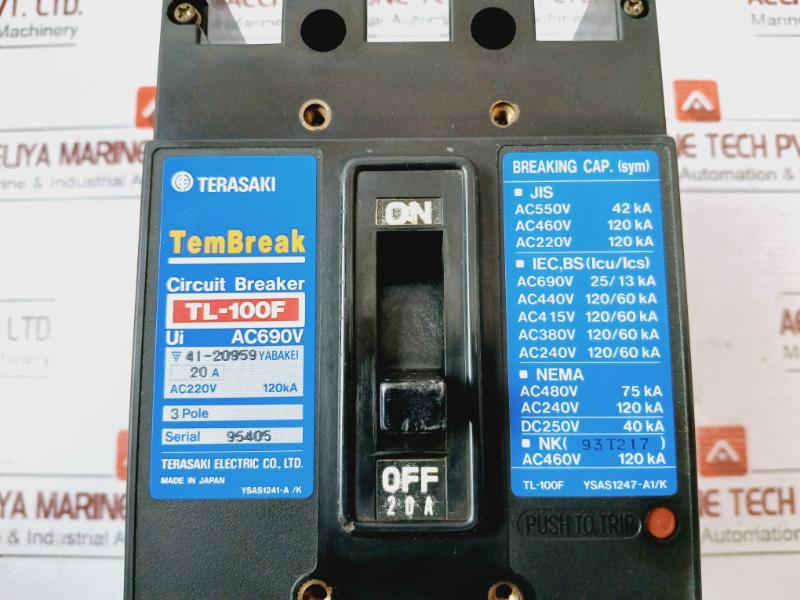 Terasaki Tl-100F Tembreak 3 Pole Circuit Breaker Ac690V 200-480V 50/60Hz 20A