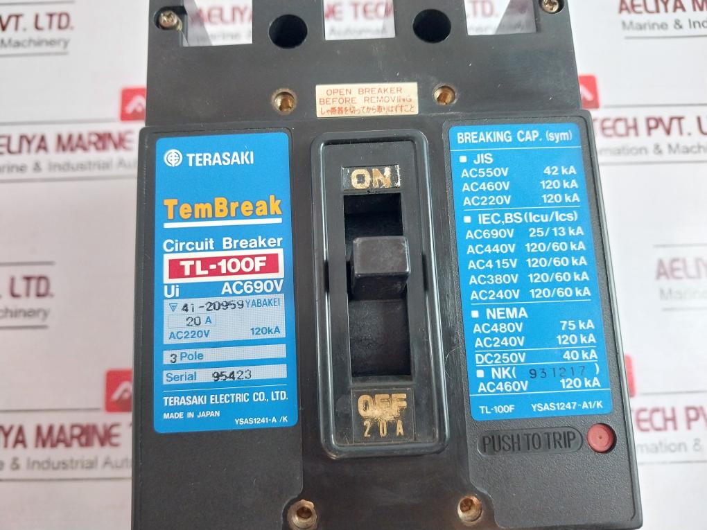 Terasaki Tl-100f Tembreak Circuit Breaker 3 Pole Ac690v 20a 200-480v 50/60hz