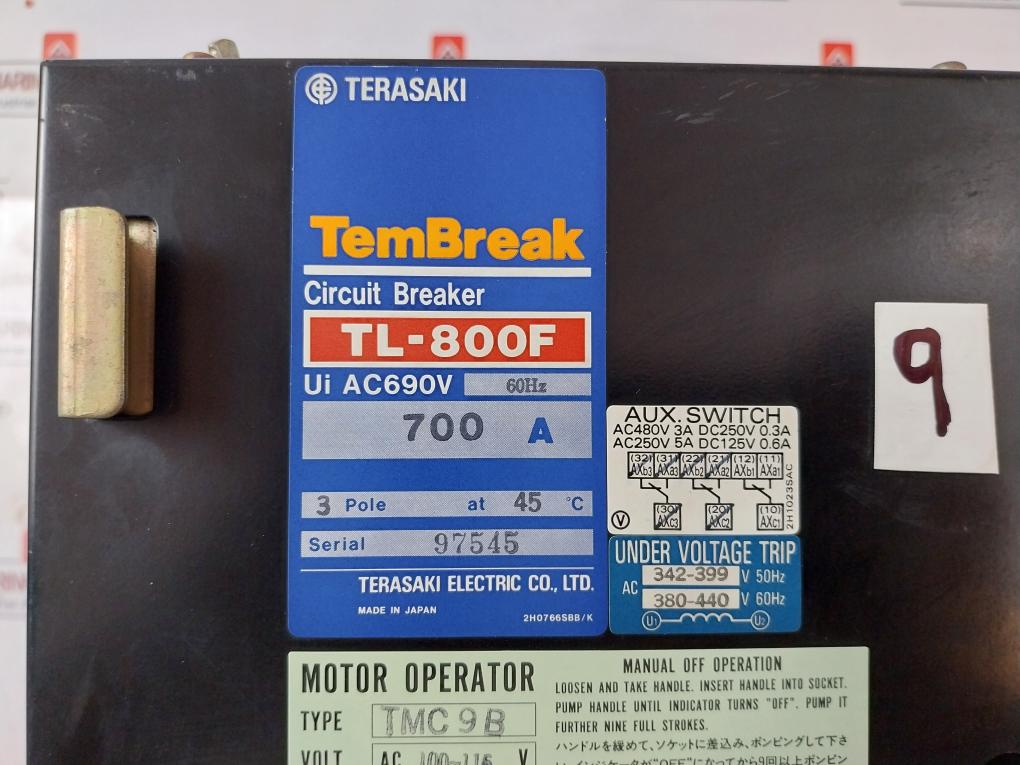 Terasaki Tl-800F 3 Pole Tembreak Circuit Breaker W/ Tmc9B Motor Operator Ac 690V