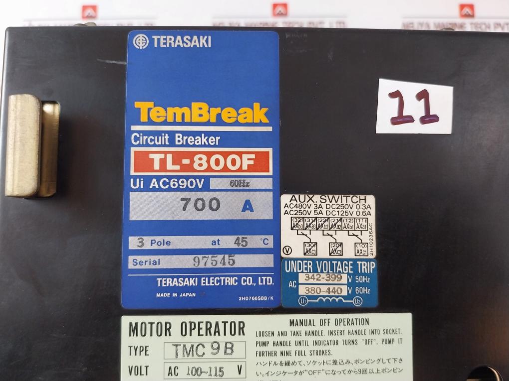 Terasaki Tl-800F Tembreak Circuit Breaker W/ Motor Operator Tmc9B 3 Pole 700A